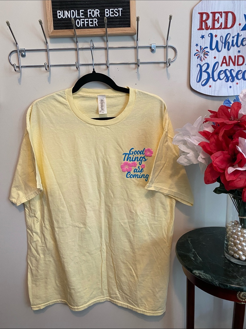 AS REVIVAL Good Things Are Coming Yellow Graphic Tee Sz Large/XL 100% Cotton